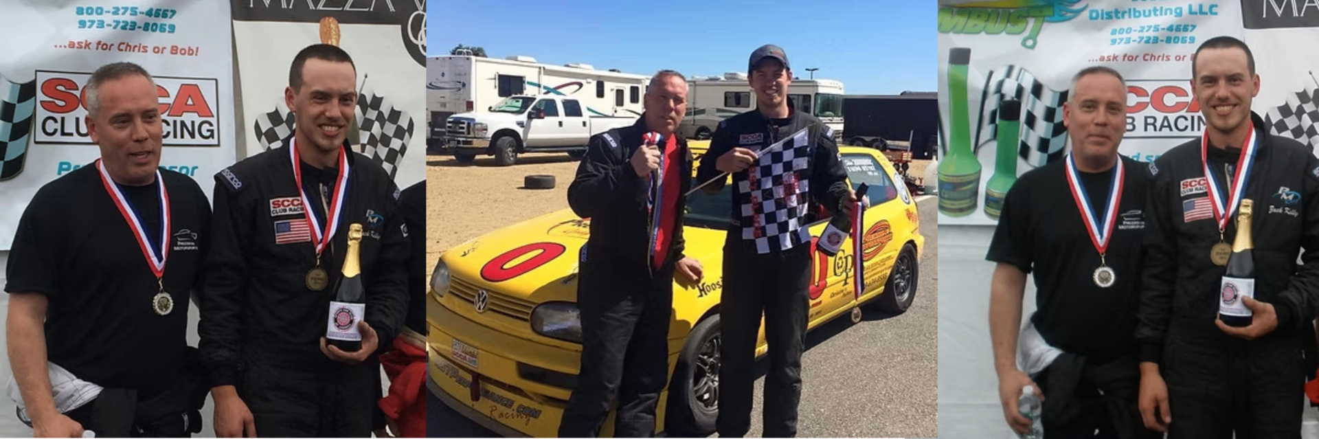 Tom and Zack celebrating race wins with family and team members